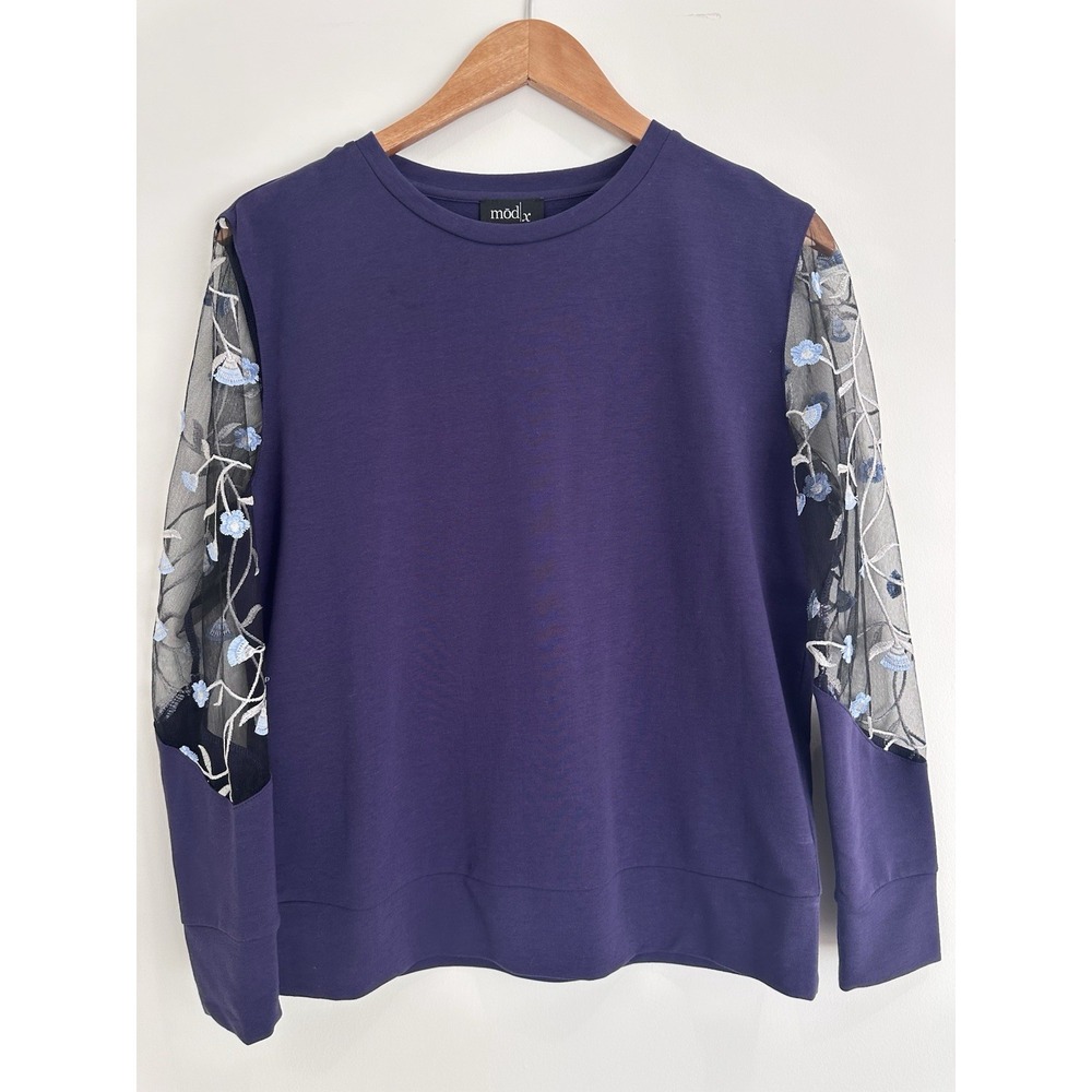 ModX Womens Small Purple Light Sweatshirt w/Sheer Floral Long Sleeve Top